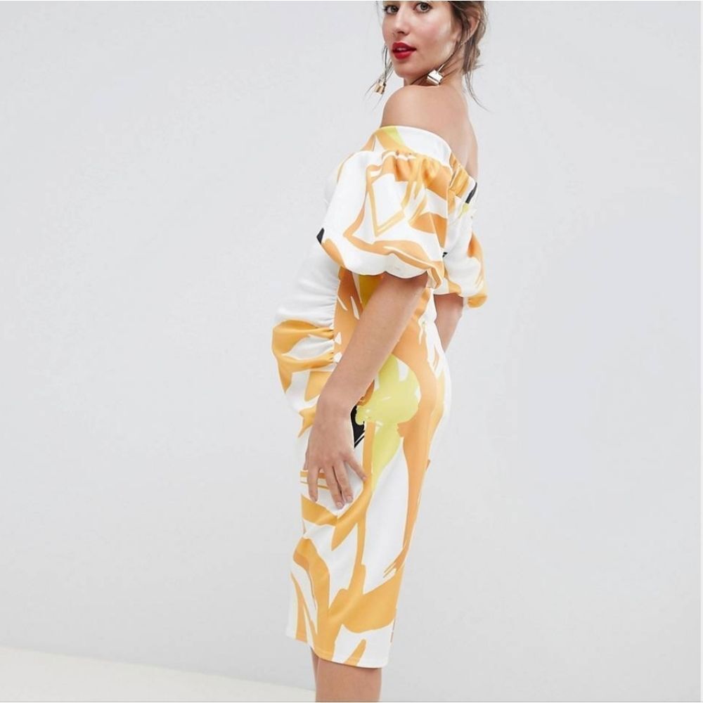 True Violet Maternity Bardot Puff Sleeve Midi Dress 10